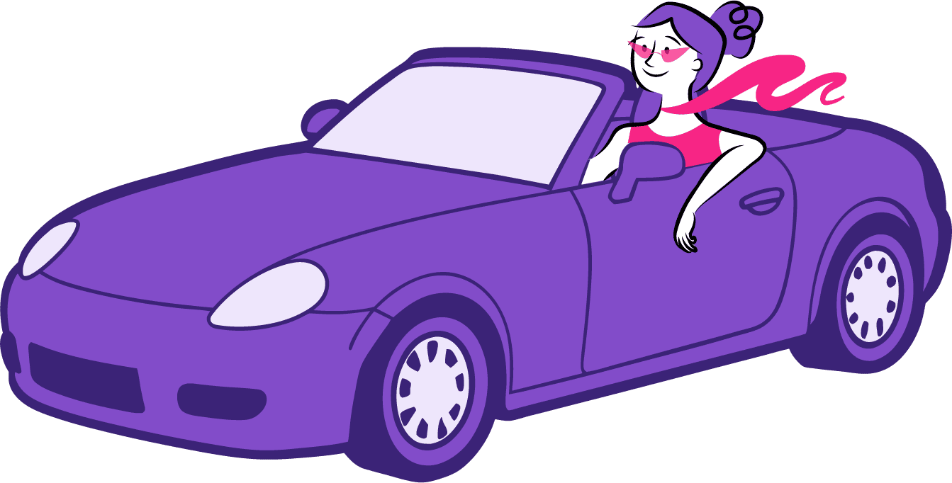 Illustration of a person joyriding in a violet convertible