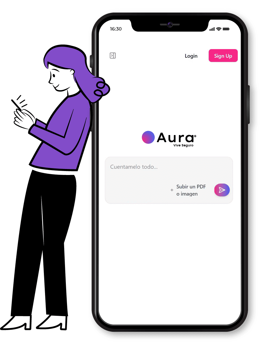 Illustration of a person chatting with the Aura app on a large phone
