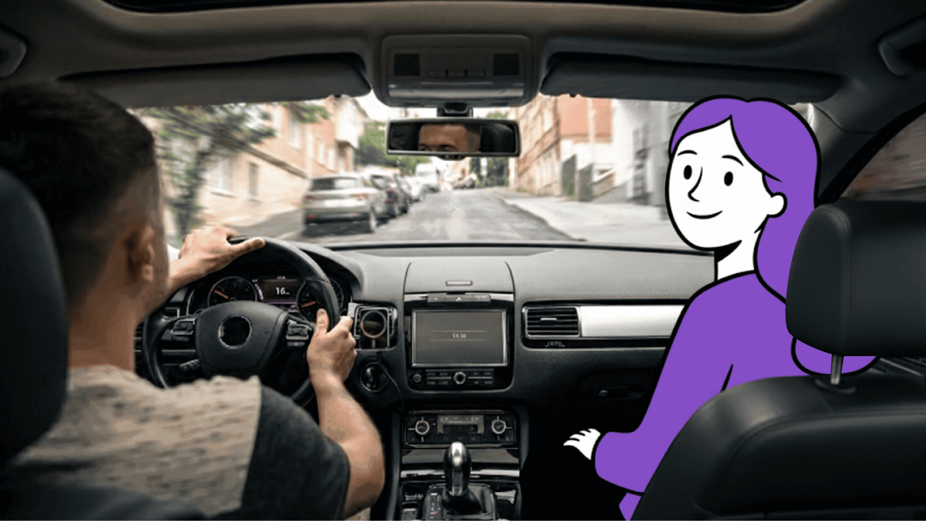 Driver on the road with the Aura character smiling from the passenger seat